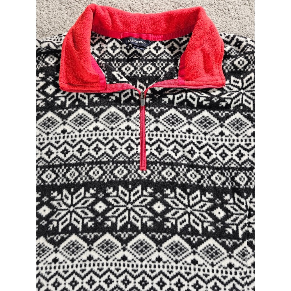 Lands End Womens Fleece Quarter Zip‎ Pullover Black White Fair Isle Snowflake L - Picture 7 of 10